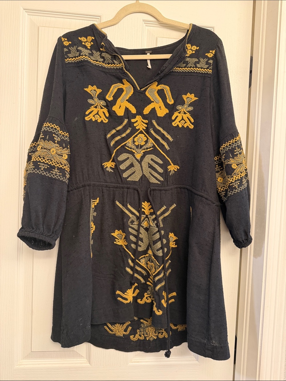 Free People Boho Embroidered Black Tunic Dress with Mustard Accents